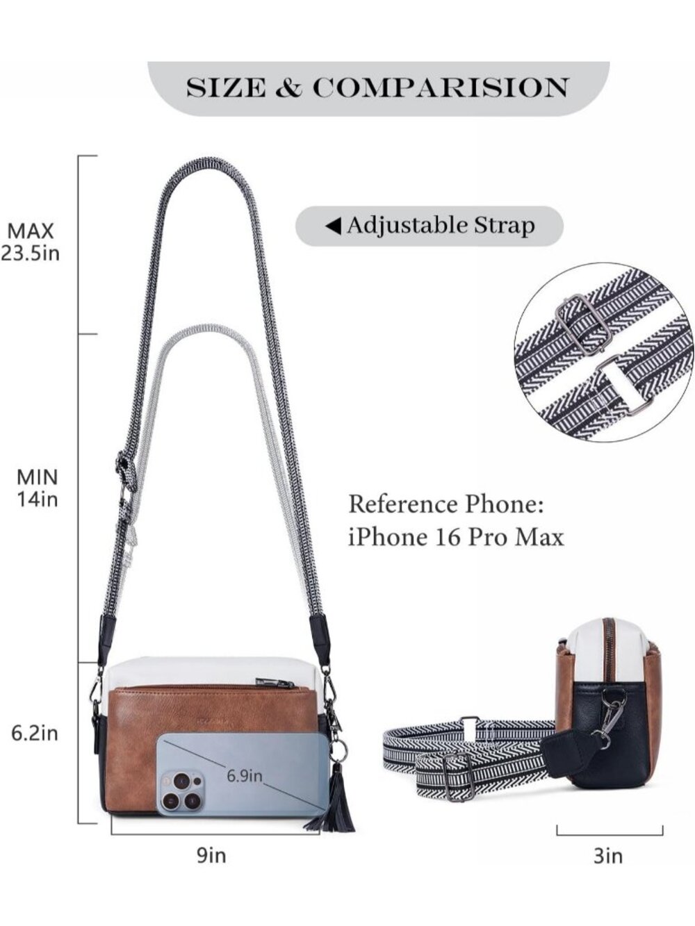Women's Black/White/Brown Leather Triple Zip Small Crossbody Bag with Card Slot - Picture 5 of 6